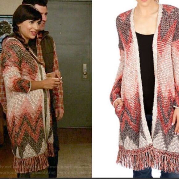 Lucky Brand Chevron Knit Southwestern Knit Fringe Duster Open Front Sweater L - Picture 13 of 13
